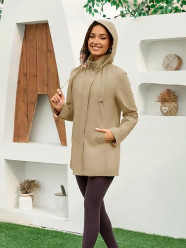 Womens Long Hooded Rain Jacket Waterproof Outdoor Hiking Raincoat Windbreaker Lightweight Trench Coat - color: Sandy, size: Medium