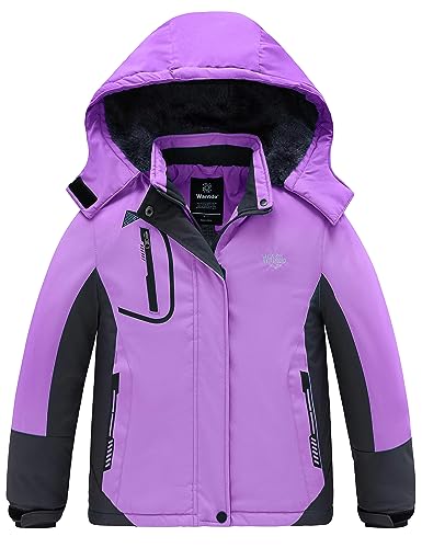 wantdo Girls Winter Ski Coat Fleece Snowboarding Jacket Waterproof 10000mm | Removable Hood, Chest Pocket, Fleece Lining, Windproof, Machine Washable - color: Purple, size: 10-12