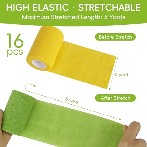 3 Inch 16 Pack Self Adhesive Cohesive Bandage Wrap | Elastic Self Stick Vet Wrap for Dogs Pets, Athletic Sports Wrap, Tattoo Grip Tape, Multipurpose Flexible Bandage for Wound Care & Grip Support - size: 3 Inch