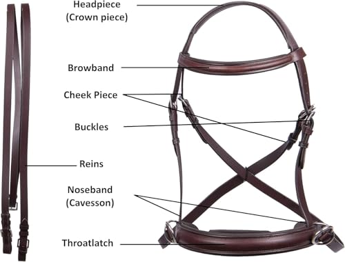 Hulara Genuine English Leather Crossover | Crossunder Bitless Horse Bridle Headstall with Reins - color: Brown, size: Full