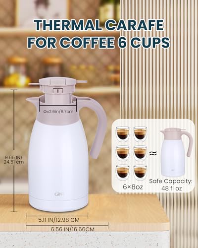 GiNT 50.7 Ounces Stainless Steel Thermal Coffee Carafe with Lid/Double Walled Vacuum Thermal Carafe / 12 Hour Heat Retention (White, 1.5L) - color: White, size: 50.7 Ounces