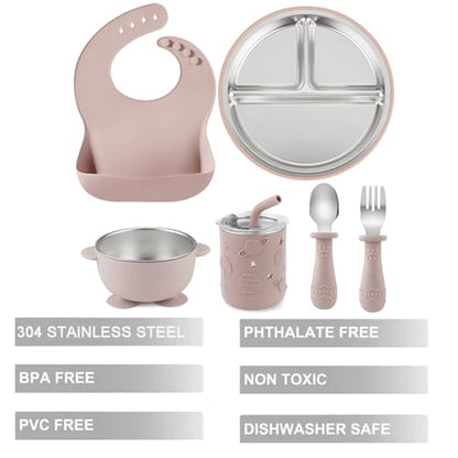 PandaEar 6-in-1 Stainless Steel Baby Feeding Set | Divided Suction Plate, Bowl, Sippy Cup with Straw, Bib, Spoon & Fork | BPA-Free Toddler Feeding Essentials for Self-Feeding (Pink) - color: Pink