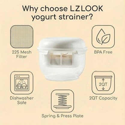 Greek Yogurt Strainer 2 QT Ultra-Fine Mesh Filter with Spring Press | Yogurt, Kefir, Nut Milk & Soy Milk Strainer, BPA-Free Large Yogurt Container for Home Kitchen, MultiFunctional Yogurt Filter