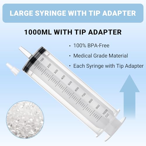 1000ml Large Syringe, Epoxy Plastic Syringes for Liquids with Tip Adapter | Large Syringe for Scientific Labs, Measuring, Watering, Refilling, Filtration, Plants, Multiple Uses, Individually Sealed - style: 1000 ML