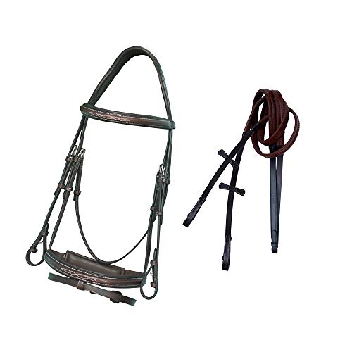 Exion Horse Snaffle Jumping Bridle with Removable Flash & Rubber Reins | Anatomical MonoCrown, Padded Noseband, Fancy Stitched Browband | English Bridle - color: Havana (Choco Brown), size: Cob (Medium Size)