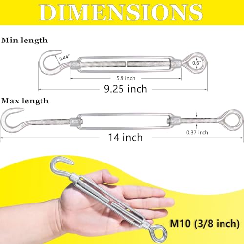 Turnbuckle Lsqurel 10PCS 304 Stainless Steel Turnbuckle Hook and Eye Heavy Duty M4 M6 M8 M10 Tensioner Adjustable Shade Sail Hardware for Tightening up Metal Cable Wire 5/32 1/4 5/16 3/8 - style: M10 - 10pcs