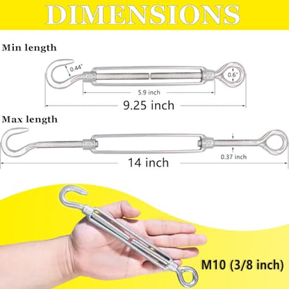 Turnbuckle Lsqurel 10PCS 304 Stainless Steel Turnbuckle Hook and Eye Heavy Duty M4 M6 M8 M10 Tensioner Adjustable Shade Sail Hardware for Tightening up Metal Cable Wire 5/32 1/4 5/16 3/8 - style: M10 - 10pcs