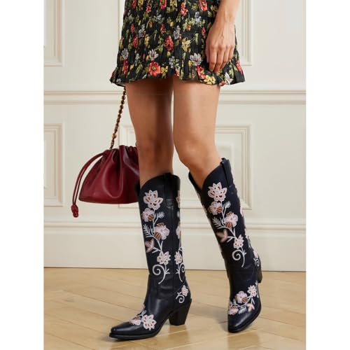 Knee High Cowboy Boots for Women Tall Cowgirl Western Boots - color: Black C, size: 6