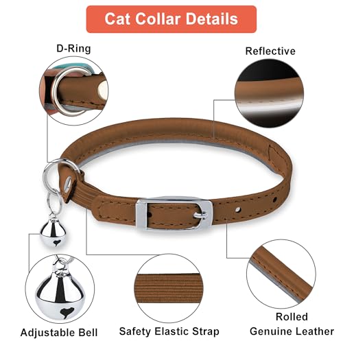 OOPSDOGGY Rolled Leather Cat Collar with Bell, Reflective Kitten Collars with Buckle Include Safety Elastic Strap - Adjustable Small Pet Collars for Boy Girl Cats (Beige) - color: Beige