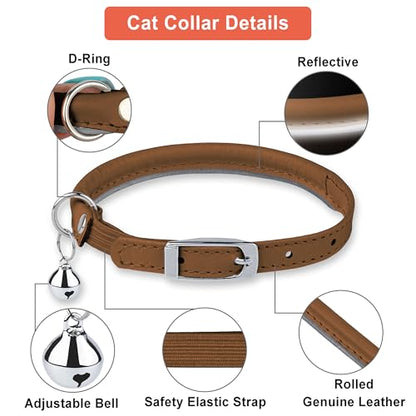 OOPSDOGGY Rolled Leather Cat Collar with Bell, Reflective Kitten Collars with Buckle Include Safety Elastic Strap - Adjustable Small Pet Collars for Boy Girl Cats (Beige) - color: Beige