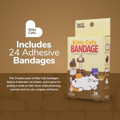 BioSwiss Bandages, Kitty Cats Shaped Self Adhesive Bandage Set, Latex Free, Sterile Wound Care, 24 Count - size: 24-Count Box, style: Kitty Cats