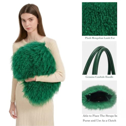 Women Luxury Real Curly Mongolian Lamb Fur Purse - color: Green
