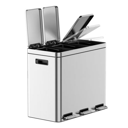 3 Compartment Trash Can, 3 x 5.3 Gallon Kitchen Bin, Stainless Steel Recycling Bin, with Soft-Close Lids & Removable Inner Baskets, for Kitchen Home Office - size: 3 x 5.2 Gallon