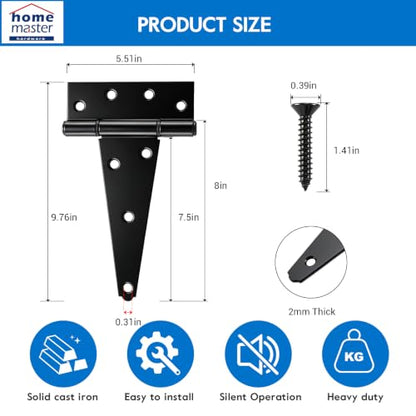 HOME MASTER HARDWARE 8" Heavy Duty Gate Hinges, 2 Pack T Strap Hinges - size: 8 in-2 Pack