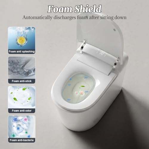 Smart Bidet Toilet with Tank Foam Shield Dual Auto Flush/Lid&Seat | Foot Sensor UV-C light Electric Modern One Piece Toilet for Bathroom with Siphon Dual Flush 0.8/1.2 GPF MAP 1000g - color: Snow White