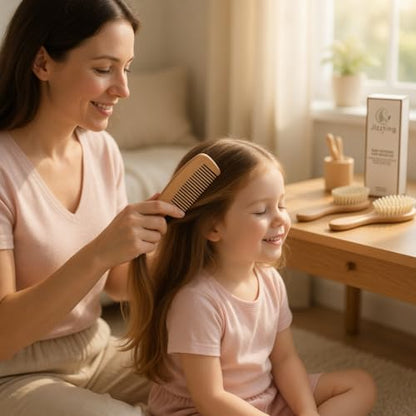 Baby Hair Brush and Comb Set, Natural Wood Scalp Massage Brush,Soft Goat Bristle Brush & Wooden Comb for Newborns, Toddlers, Boys & Girls for Cradle Cap (3 PC set(Oval))