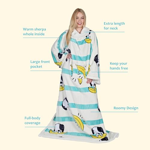 Catalonia Sherpa Wearable Blanket with Sleeves and Pocket for Adults - color: Banana Dog White, size: Standard Pocket