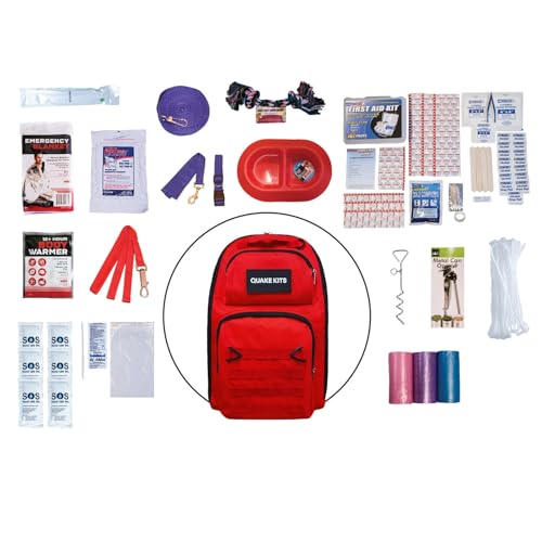 QK Dog Survival Kit - 72 Hour Pet Emergency Go Bag - Food, Water, Supplies | High Calorie Dog Food & Water w/bowl, Sanitation Supplies, Dog Toys, Pet Compatible First Aid Kit, Reflective Leash & Collar