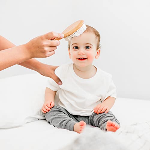 Infant Hair Brush and Comb Set for Newborns and Toddlers - Natural Wooden Hairbrush with Soft Goat Bristles for Cradle Cap - Perfect Scalp Grooming Massage for Baby Registry Gift
