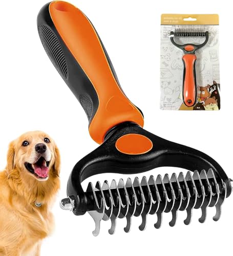 Undercoat Rake for Dogs, 2 in 1 Dematting Comb & Deshedding Tool for Long Hair Pets, Pet Hair Grooming Brush, Clear Mats and Tangles, Reduces Shedding by 95% - color: Orange