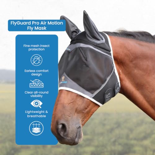 Shires FlyGuard Pro Air Motion Fly Mask with Ears – Full Size | Lightweight Breathable Air Motion Fabric for Superior Comfort | Protects Against Flies & Insects | Secure Fit | Dark Grey - size: Full