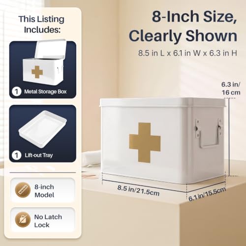 Flexzion Large Metal First Aid Box Empty, 8.5-Inch, White with Gold Cross - color: White - Gold Cross, size: 8.5 Inch without Latch Lock