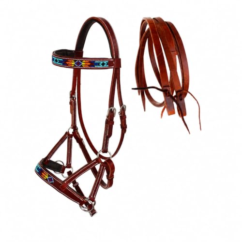 CHALLENGER Horse Western Leather Tack Beaded Bitless Sidepull Bridle Reins Brown 77RS16 - color: Mahogany/Beaded