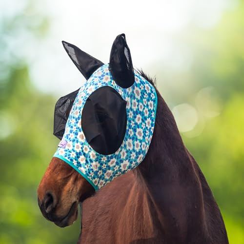 Stretchy Horse Fly Mask with Ears，Extra-Large Eyes & Mane Opening – Soft, Breathable Fly Mask for Horses, Tangle-Free Design, Enhanced Visibility (Blue Flower, Cob (Medium)) - color: Blue Flower, size: Cob (Medium)