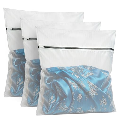 kinice Large Laundry Bag with Zipper Protective Cover, 3Pcs 23x23 Inches Garment Bag for Washing Machine, Mesh Laundry Bags for Delicates, Lingerie, Bras, Baby Clothes, Family College Dorm Essentials