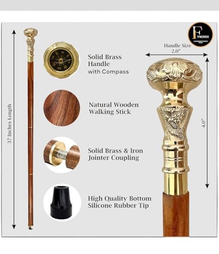 FYNJREX Travelers Compass Gentleman's Walking Stick, Fancy Cane for Women, Brass Handle and Hardwood Cane, Fold able Wooden Canes, Gift Idea
