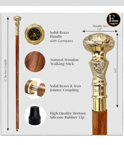 FYNJREX Travelers Compass Gentleman's Walking Stick, Fancy Cane for Women, Brass Handle and Hardwood Cane, Fold able Wooden Canes, Gift Idea