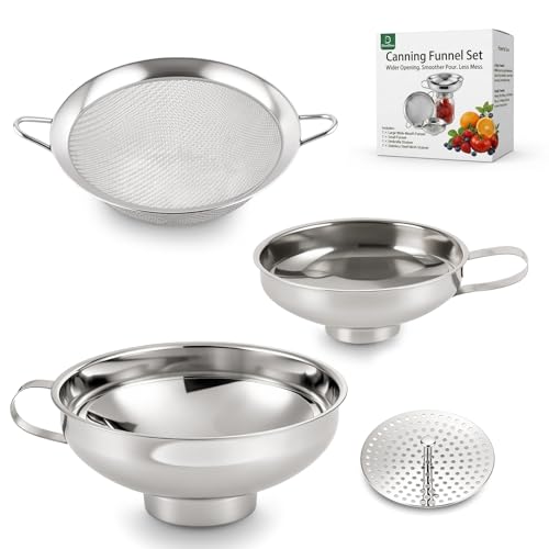 4-in-1 Canning Funnel Set, Stainless Steel Wide Mouth & Regular Funnels with Extended Stable Spout, Umbrella Strainer & Mesh Filter, Food-Grade Kit for Large Food, Jars, Oil, Kitchen Use