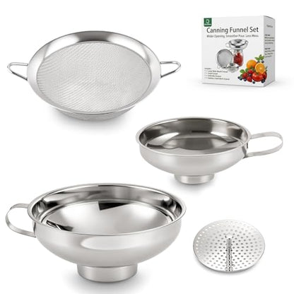 4-in-1 Canning Funnel Set, Stainless Steel Wide Mouth & Regular Funnels with Extended Stable Spout, Umbrella Strainer & Mesh Filter, Food-Grade Kit for Large Food, Jars, Oil, Kitchen Use
