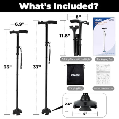 Ohuhu Walking Cane with LED Light, Folding Adjustable Free Standing Cane - style: 1 pack
