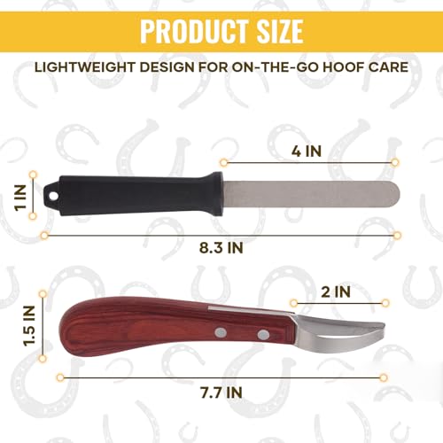Hoof Knife with Sharpener, 2 PCS Professional Farrier Kit, Curved Stainless Steel Trimming Knife & 400/800 Grit Diamond Rod, Ergonomic Wood Handle, Rust-Resistant for Horses, Cattle