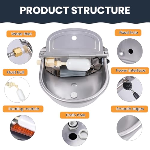 Heated Automatic Water Bowl for Dogs and Chicken, 24V Pet Thermal-Bowl with Float Valve Heated Automatic Waterer for Large Dogs Livestock Poultry
