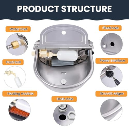 Heated Automatic Water Bowl for Dogs and Chicken, 24V Pet Thermal-Bowl with Float Valve Heated Automatic Waterer for Large Dogs Livestock Poultry