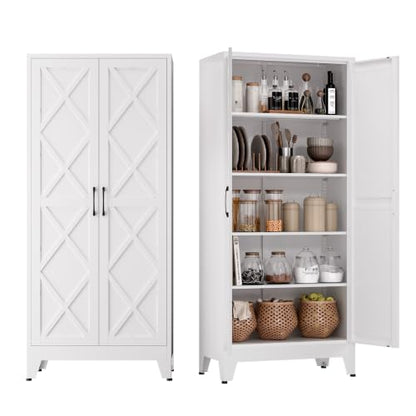 COFaR Metal Kitchen Cabinet with 2 Door and 4 Adjustable Shelves, 71" White - color: White, size: 71H