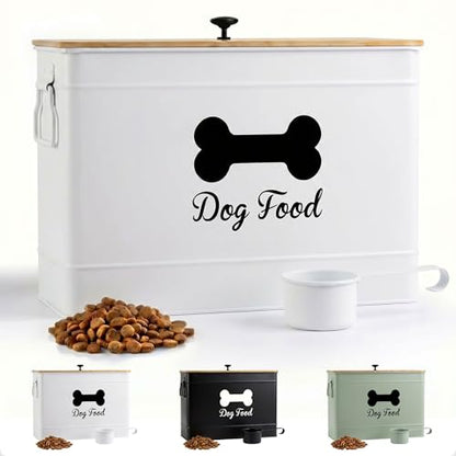 Metal Dog Food Container 15-20 lbs w/ Airtight Bamboo Lid, 70 Cup Capacity - color: White