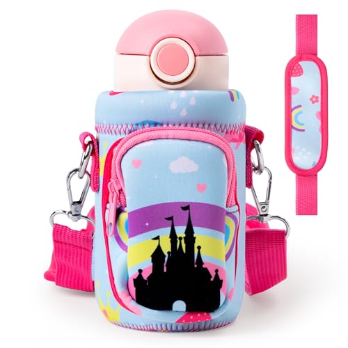Water Bottle Carrier Bag with Strap for Kids - Water Bottle Bag Holder with Padded Strap Pocket 10/12/14/16/18Oz for Boys Girls School Walking Hiking Camping - style: Castle Girl