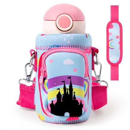 Water Bottle Carrier Bag with Strap for Kids - Water Bottle Bag Holder with Padded Strap Pocket 10/12/14/16/18Oz for Boys Girls School Walking Hiking Camping - style: Castle Girl