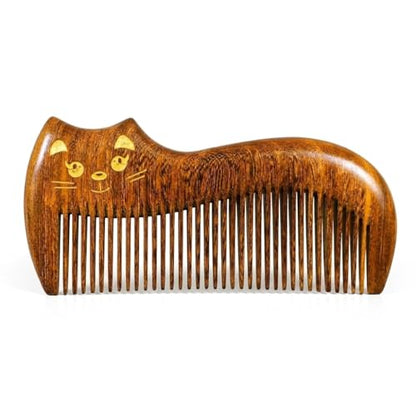 Cute Cat Natural Sandalwood Hair Comb, Gilded Wooden Hair Comb