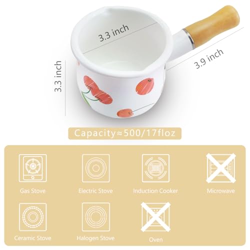 Enamel Milk Pot, Small Saucepan Butter Warmer Pot | 4 Inch 17 Oz with Wooden Handle for Heating Smaller Liquid Portions ,Handy for One Person - color: Cherry