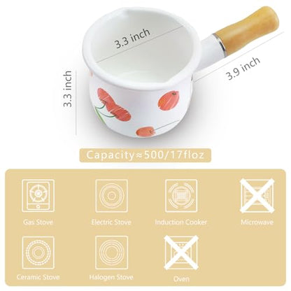 Enamel Milk Pot, Small Saucepan Butter Warmer Pot | 4 Inch 17 Oz with Wooden Handle for Heating Smaller Liquid Portions ,Handy for One Person - color: Cherry