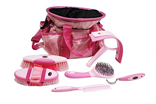 Showman 6 Piece Soft Grip Grooming Kit with Strapped Bag and Pockets on Outside - color: Pink