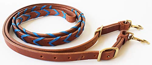 CHALLENGER 8' Horse Western Leather Latigo Laced Barrel Contest Reins 66RT10 - color: Tan Royal Blue