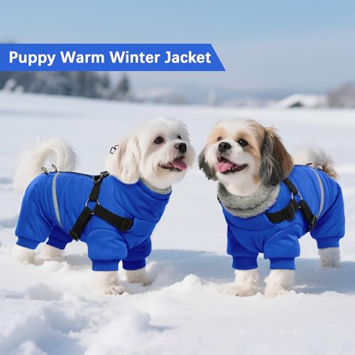 BRKURLEG Blue Dog Winter Coat, Cozy Winter Dog Jackets, Small Dogs Coat with Harness, Onesie Body Warm Puppy Christmas Jacket, Pet Reflective Cold Weather Jackets, Puppy Four-Legged Puffer Coats, S - color: Blue, size: Small