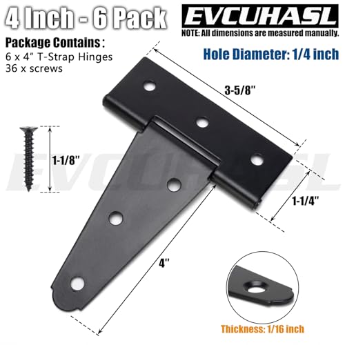 4 Inch T-Strap Gate Hinges, Shed Barn Door Hinges Heavy Duty, Black Tee Hinges for Wooden Fences, Yard Gate, Wrought Hardware Iron Rustproof (6 Pack/Set) - size: 4 Inch