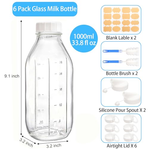 Bekith 6 Pack Liter Glass Milk Bottles with Airtight Screw Lid, 32 Oz Reusable Glass Bottles with Dispenser Cap for Milk, Honey, Jam, Syrup (2 Pour Spout Lids, 2 Lables and 2 Bottle Brushes Included)