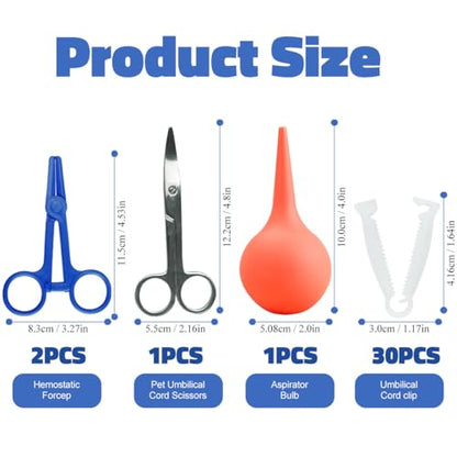 Animal Birth Kit with Curved Scissors, Disposable Umbilical Clamps, Hemostat, Bulb Syringe, Whelping Supplies Starter Kit Safe Delivery for Puppies, Kittens, New Born Pet Supplies
